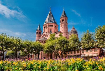 Das Foto zeigt den Mainzer Dom, ein groses Gebaude mit Turmen und Spitzen. Das Bild zeigt die Ausenlandschaft mit bewolktem Himmel, Baumen und Pflanzen rund um das Gebaude.