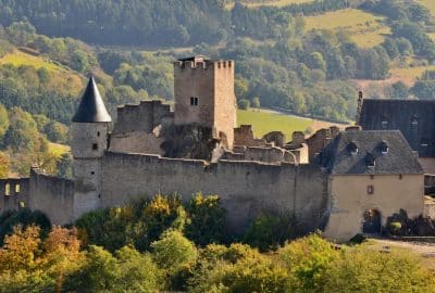 Das Bild zeigt ein Schloss inmitten einer malerischen Landschaft mit Bäumen und Bergen im Hintergrund. Das umgebende Gras trägt zur malerischen Kulisse des Schlosses Luxemburg in Frankreich bei.