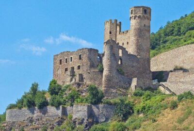 Burg Ehrenfels ist eine Steinfestung auf einem Hügel oberhalb von Rüdesheim. Das Bauwerk zeichnet sich durch hohe Türme und markante Befestigungsanlagen aus, ist von Bäumen umgeben und liegt vor der Kulisse der Berge.